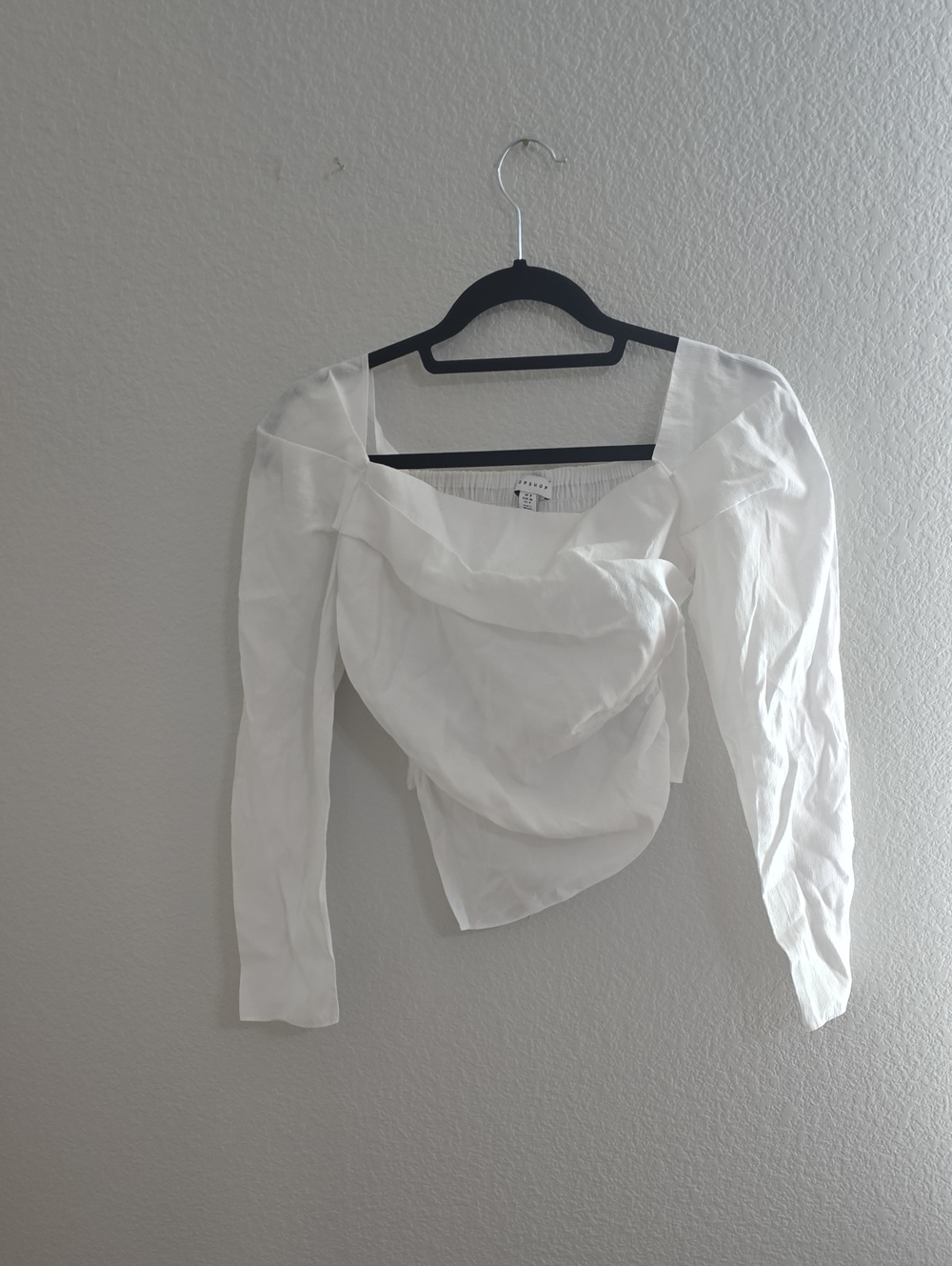 Topshop White Draped Square-Neck Asymetrical Long Sleeve Top